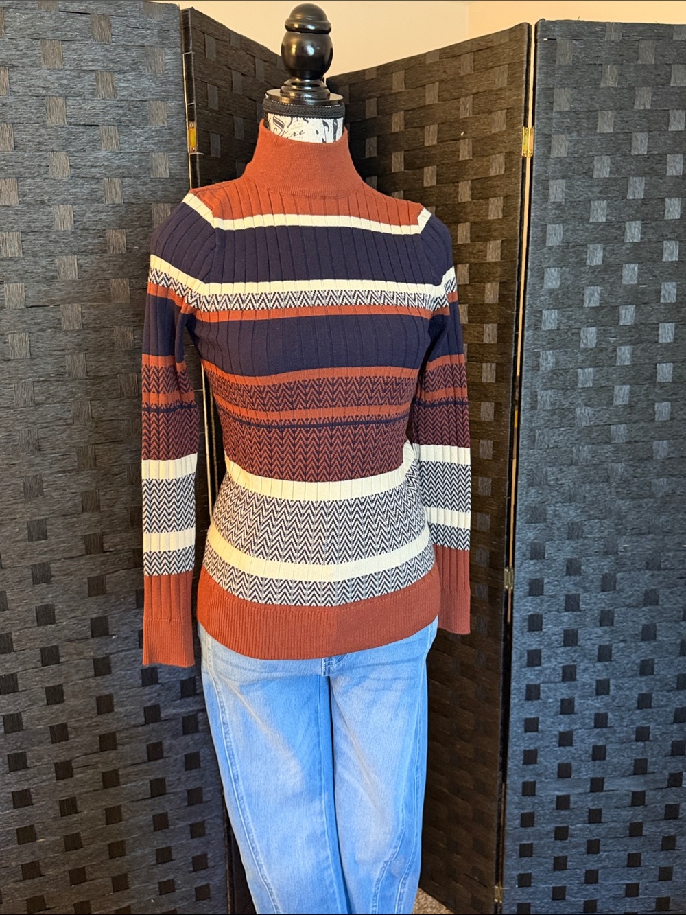 Striped Rib-Knit Mock Neck Sweater in Rust, Navy & Cream